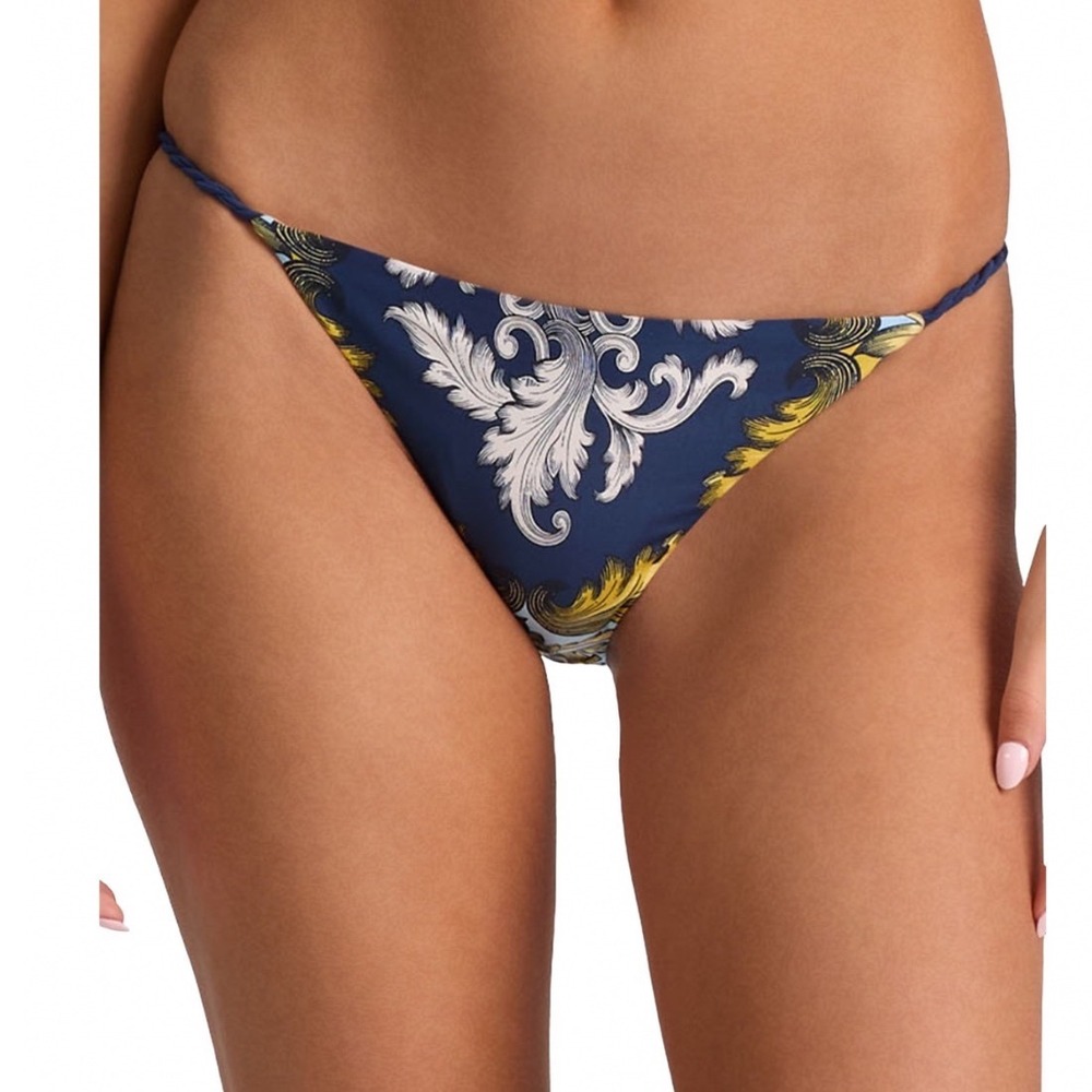 Alice + Olivia x PQ Swim Antique Scroll Rope Side Bikini Bottom Blue Gold Small